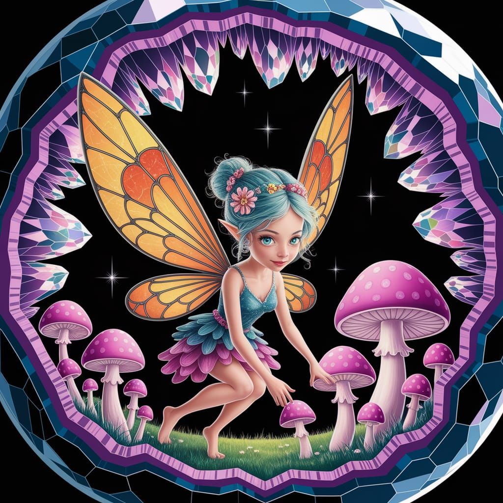 Stained Glass Fairy Tends Glowing Mushroom Garden in Geode