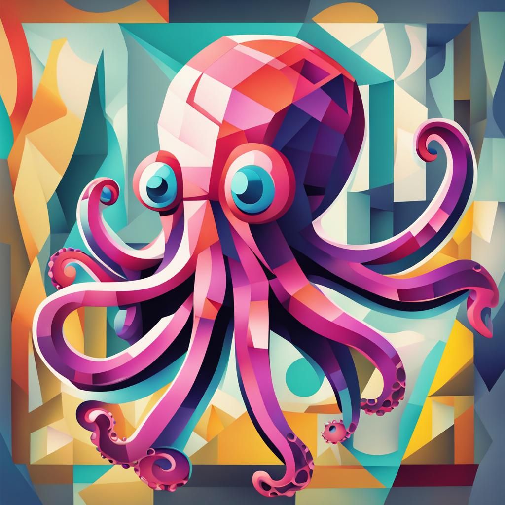 Cute Octopus in Cubist Geometric Art Deco Style