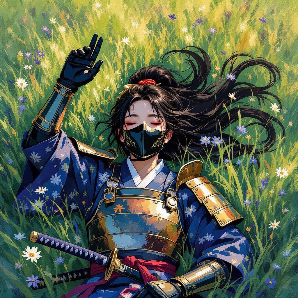 Samurai Warrior in Golden Hour, Oil Painted Style