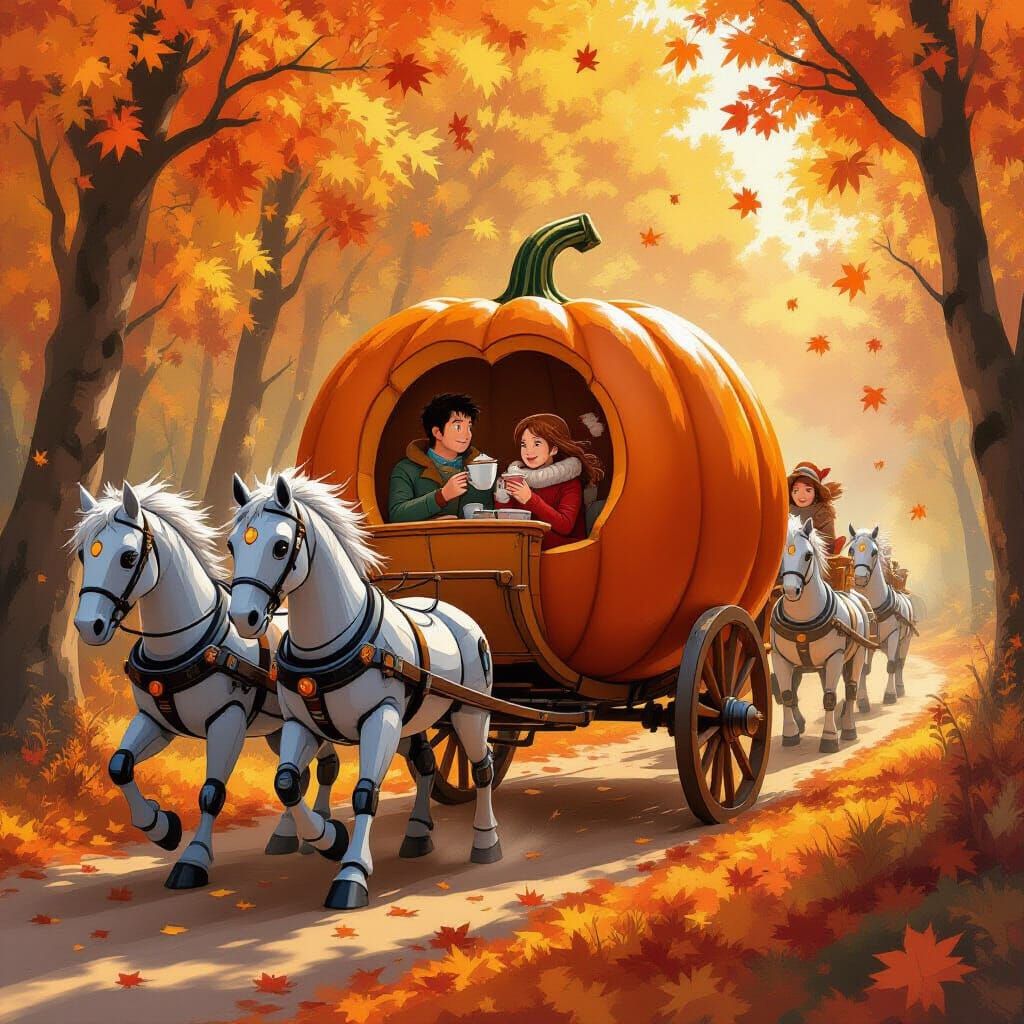 Couple in Pumpkin Carriage Pulled by Robotic Horses