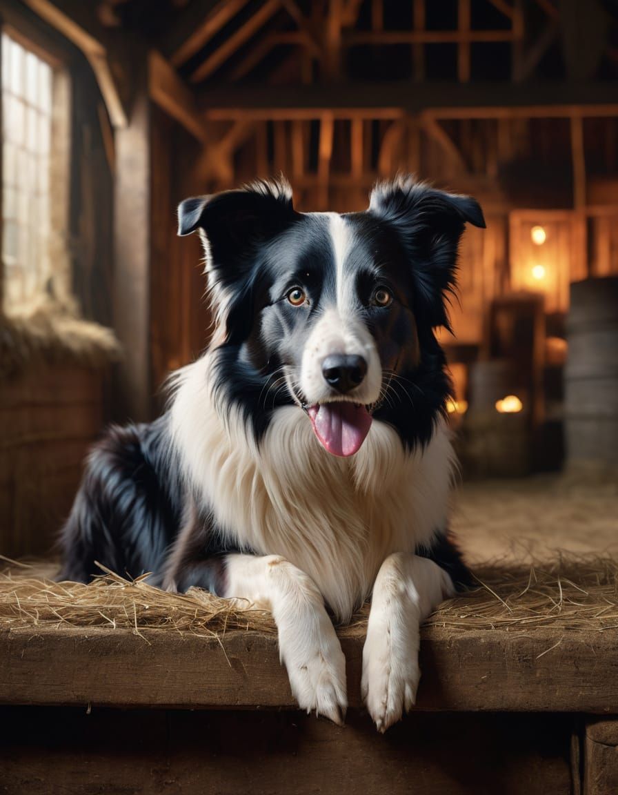 Border Collie in Barn: Hyper-Realistic Digital Art