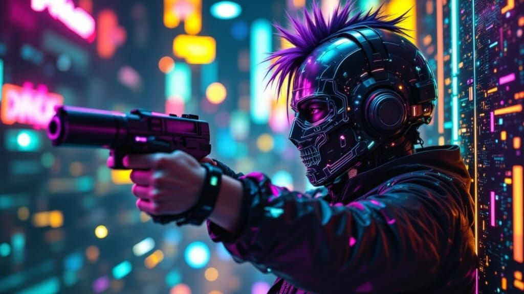 Cyberpunk Cityscape of Fleeing Rebels in a Glimmering Night