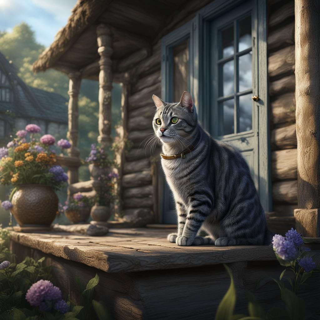 Grey Tabby Cat on Cottage Porch: Detailed Matte Painting
