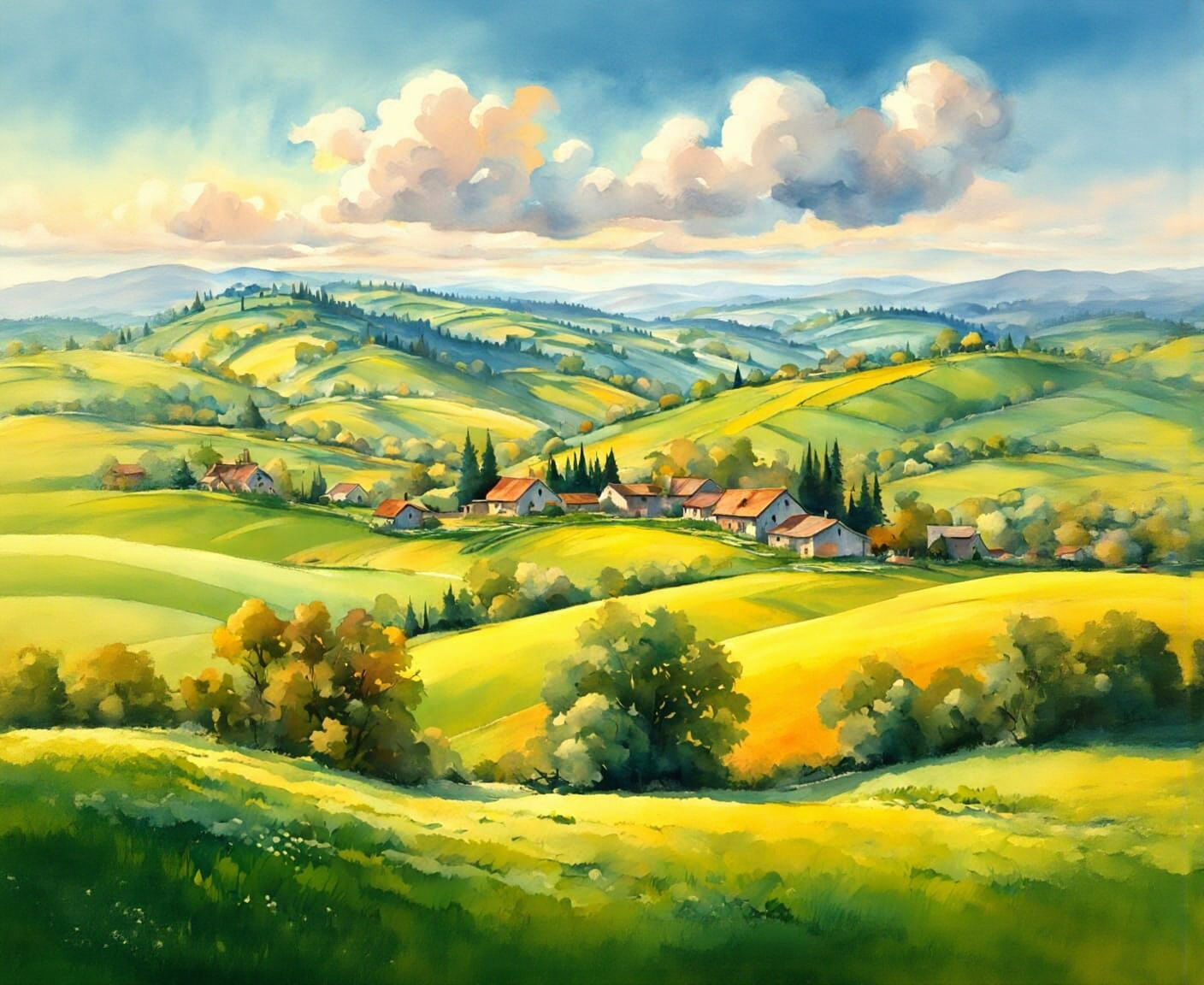 Lush Countryside Panorama in Vivid Watercolor Style