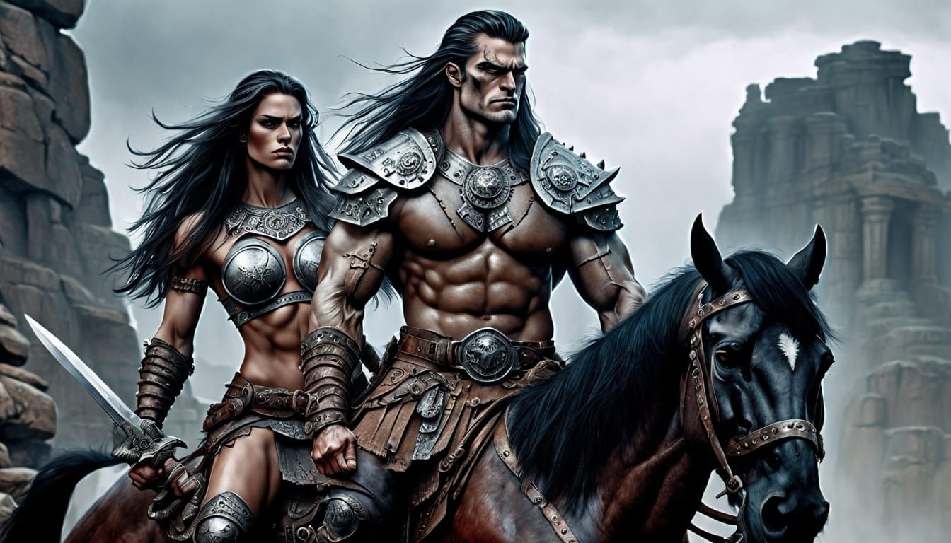 Barbarians Overlook Ancient Ruins in Fantasy Art Style