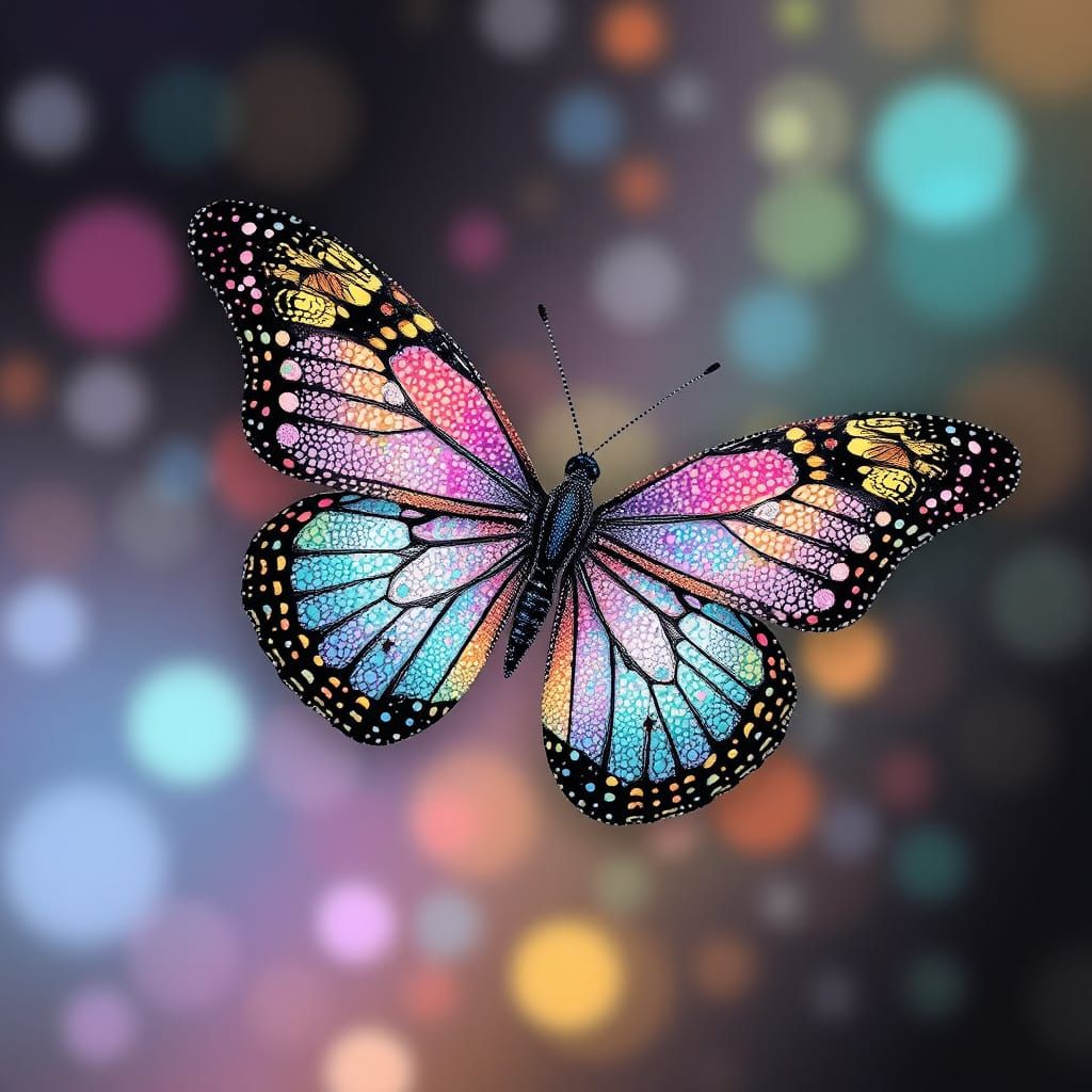 Iridescent Butterfly in Pointillist Style