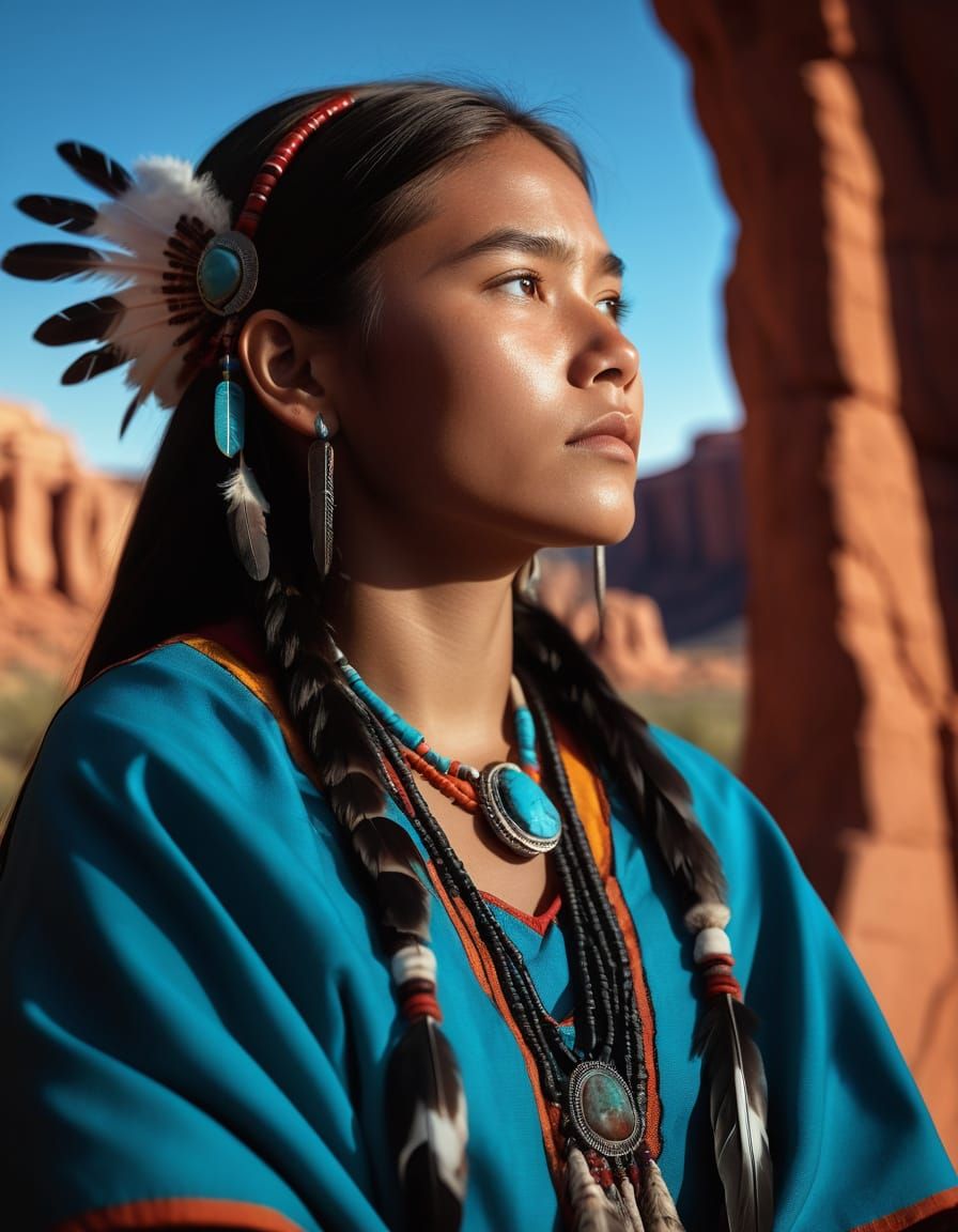 Navajo Girl Under Full Moonlight in Vibrant Desert Landscape