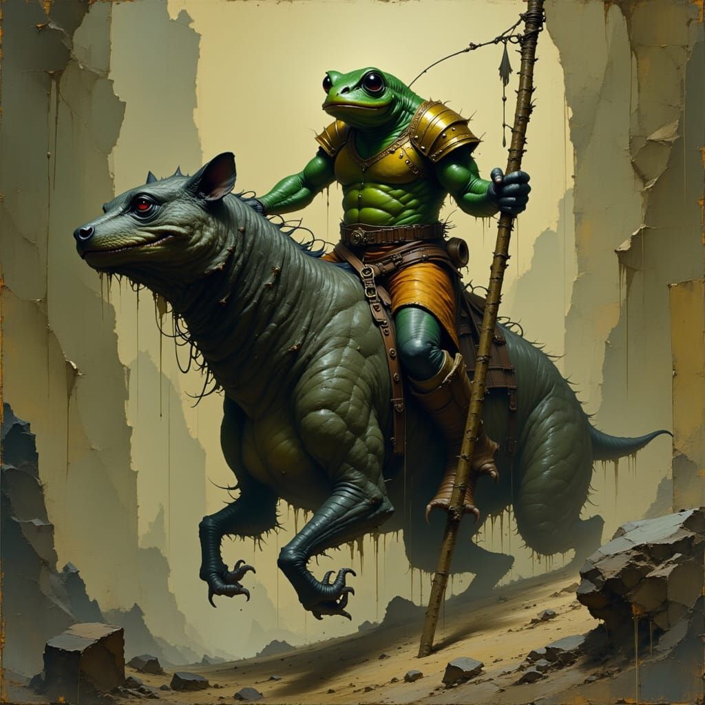 Frog-Goblin Rides Wolverine in Dark Fantasy Scene