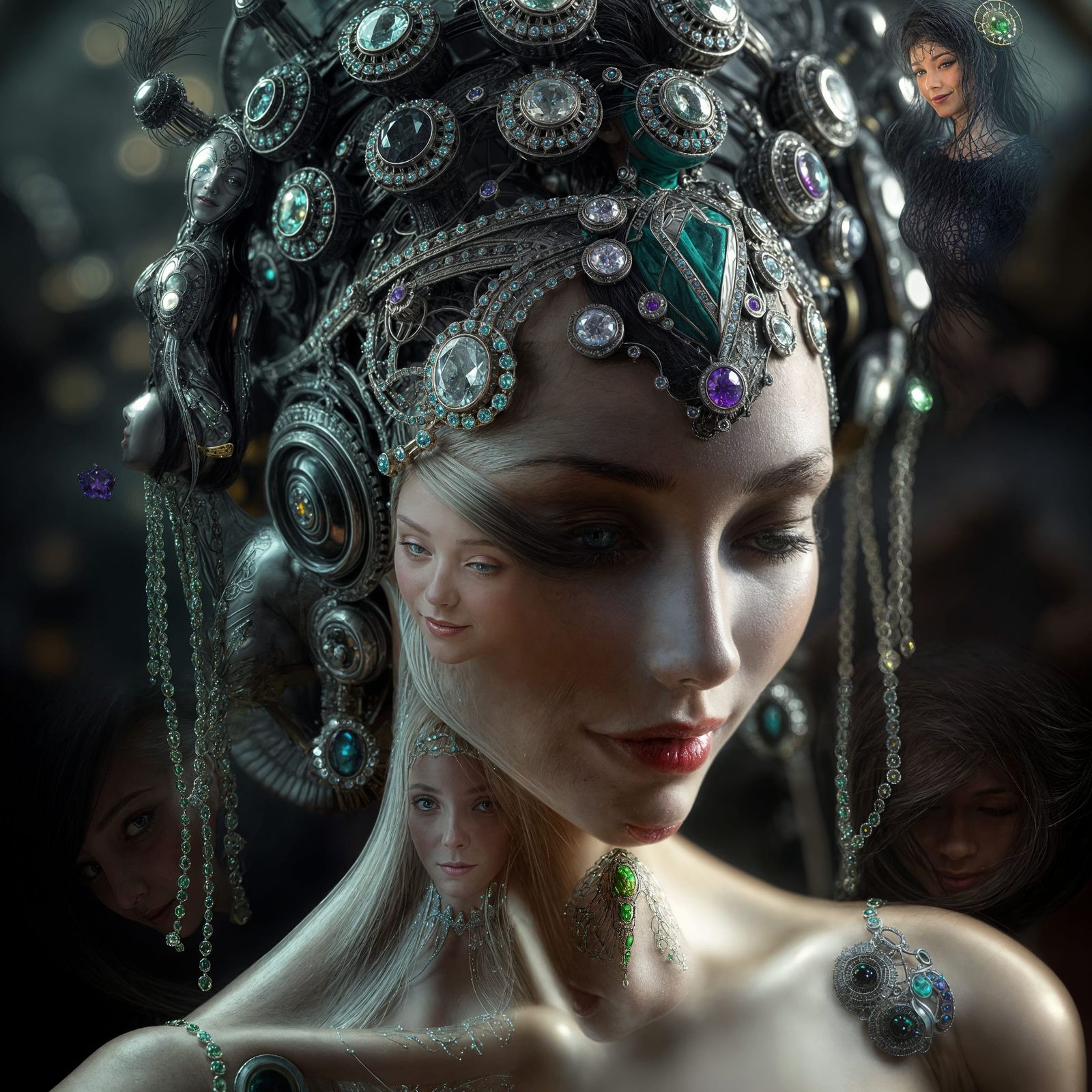 Biomechanical Woman with Diamond Headdress in Surrealist Sty...