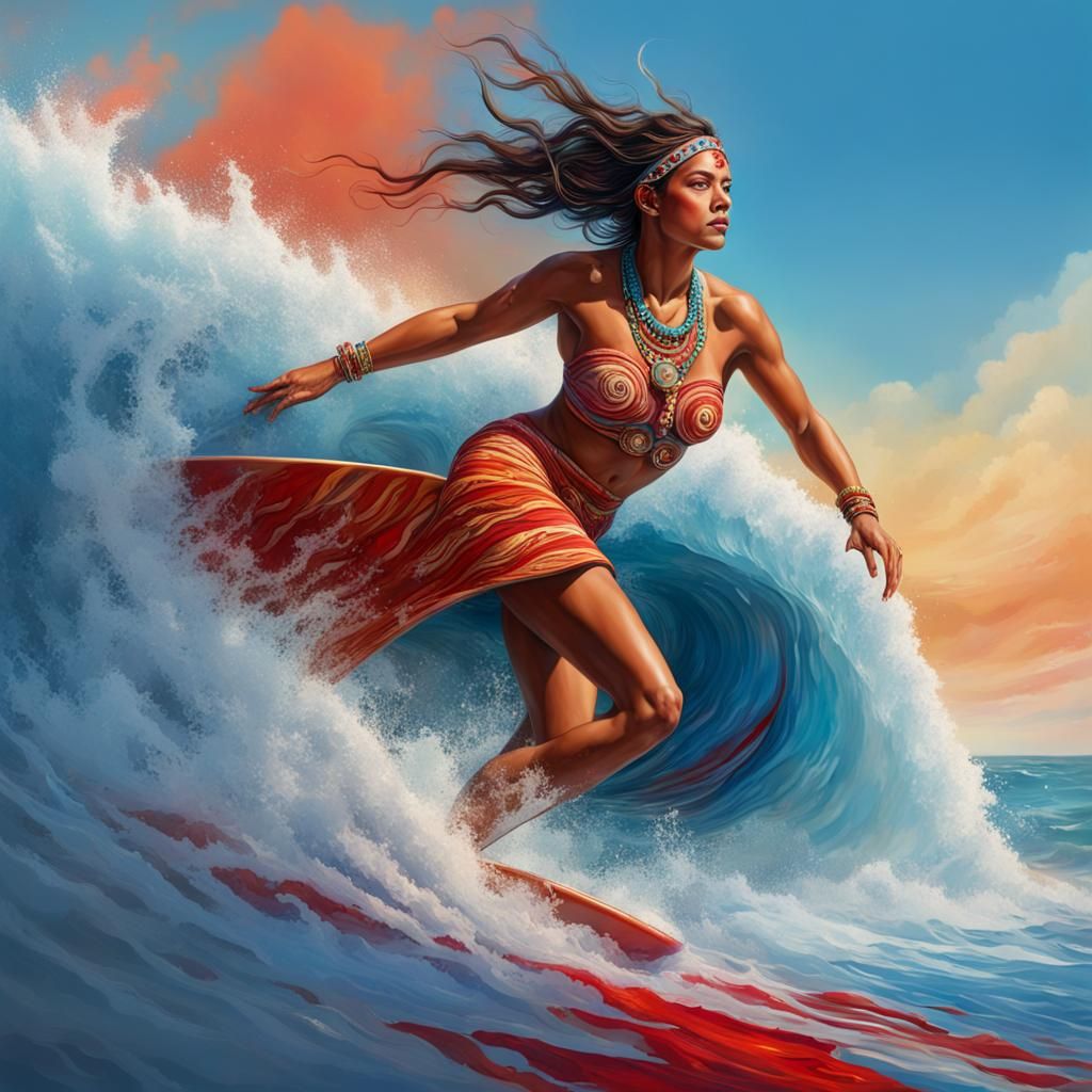 Indian Surfer Girl on Multicolored Wave in Splash Art