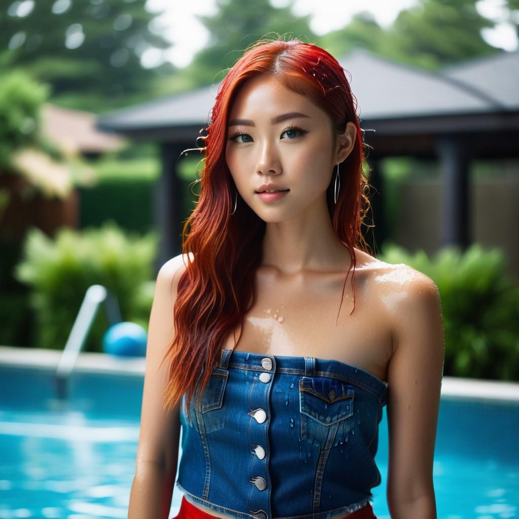 Young Woman with Red Hair by Pool, Photorealistic