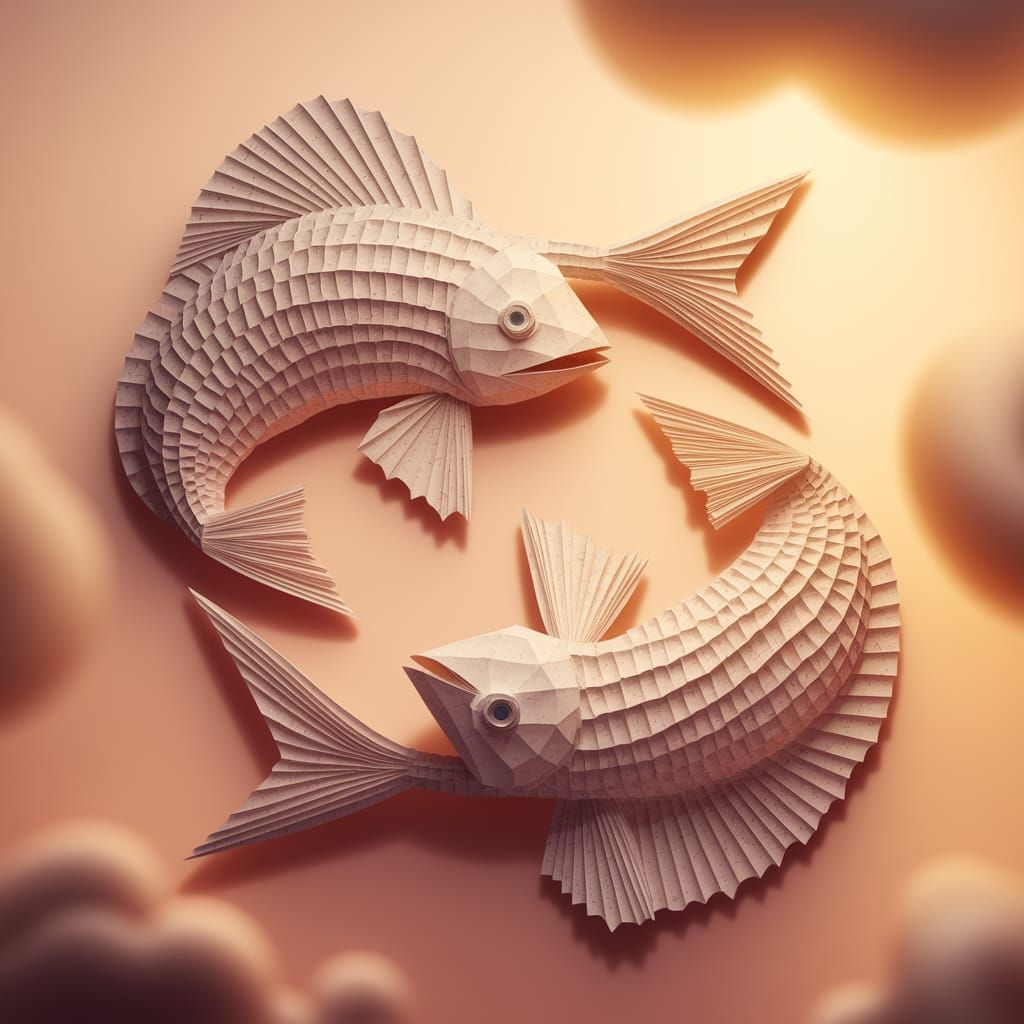 Cubist Origami Fish in Sunset Sky, Paper Craft Artwork