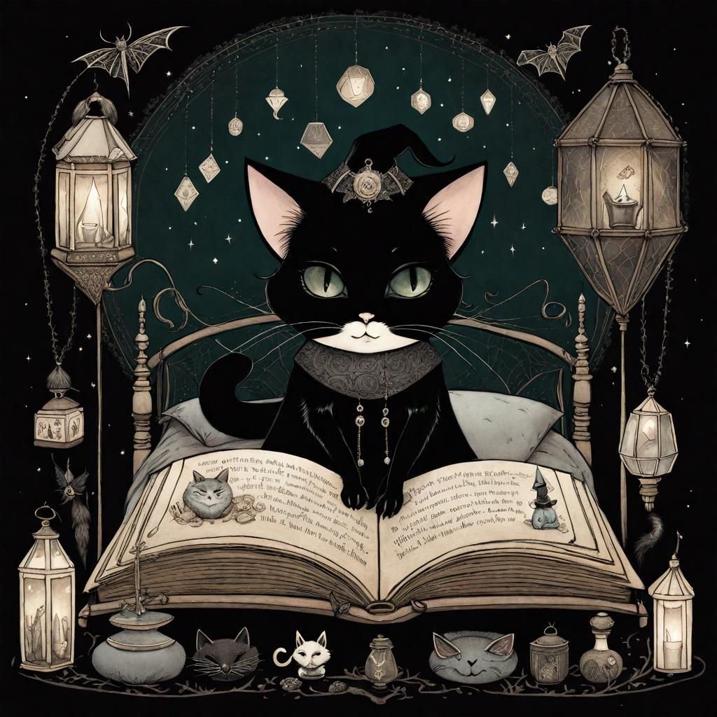 Gothic Witch Reading Grimoire with Cat
