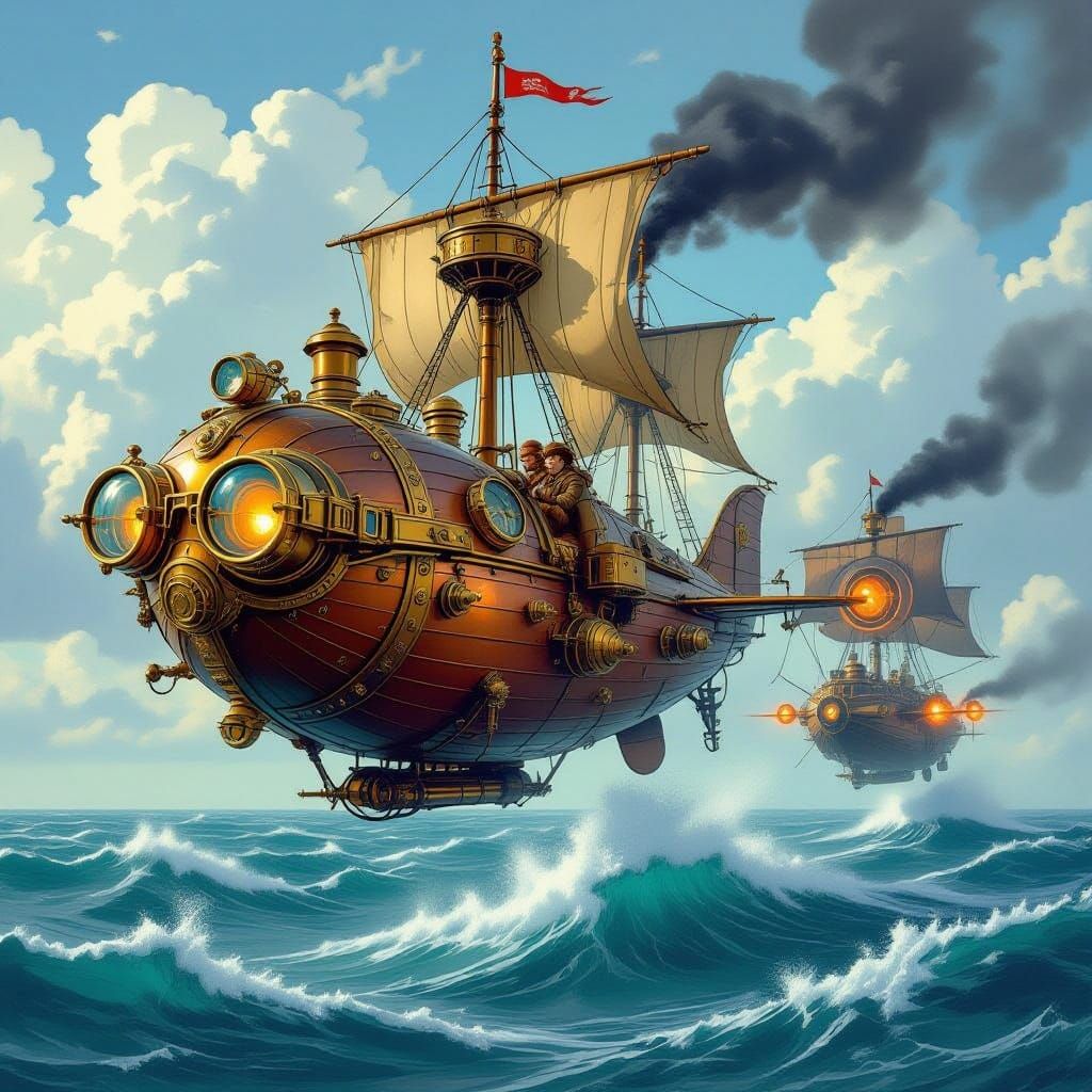 Steampunk Airship Chases Across Turbulent Skies