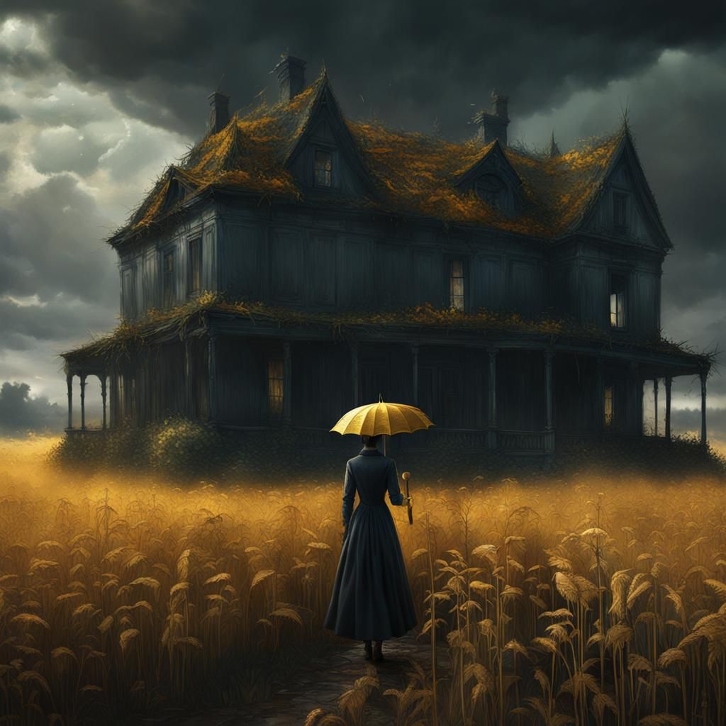 Woman with Golden Umbrella in Flemish Art Style