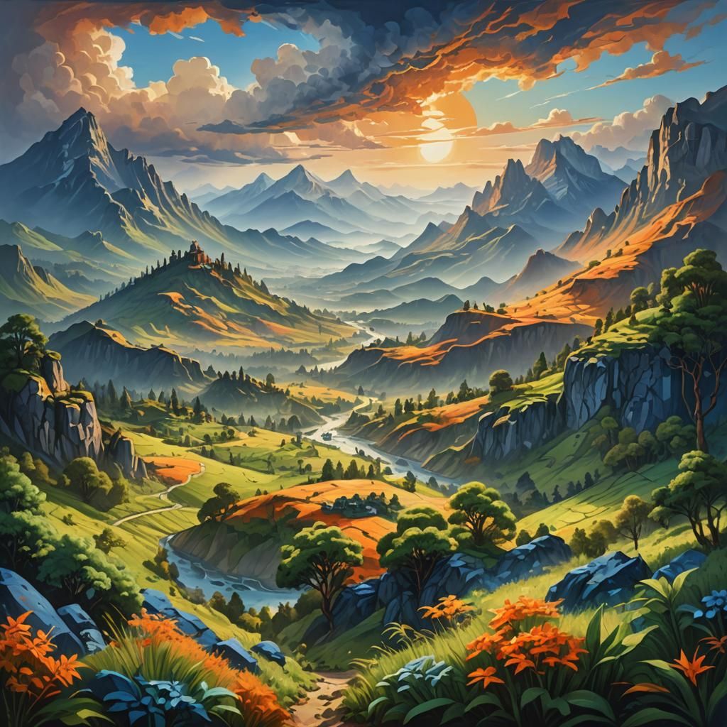 Painterly Landscape with Volumetric Lighting and Vivid Color...