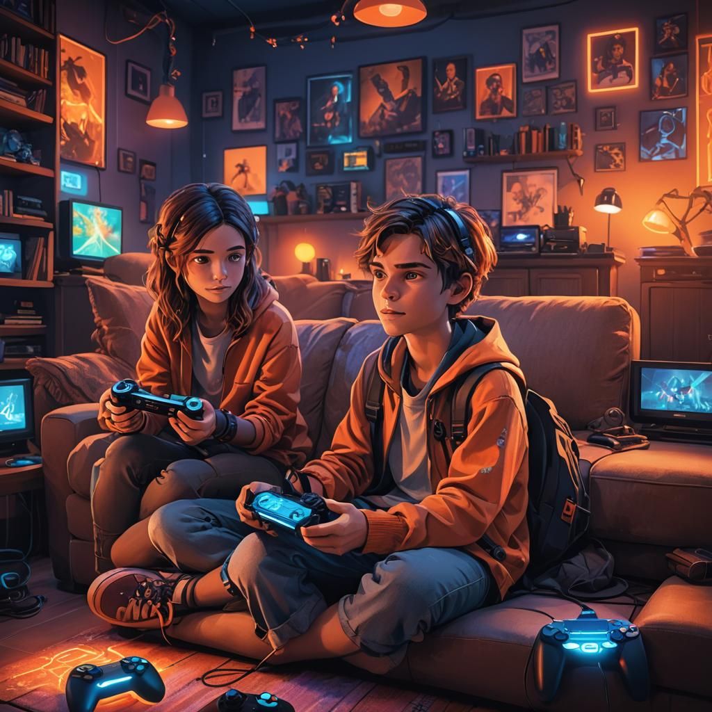 Boy and Girl Play Video Games: Fantasy Concept Art