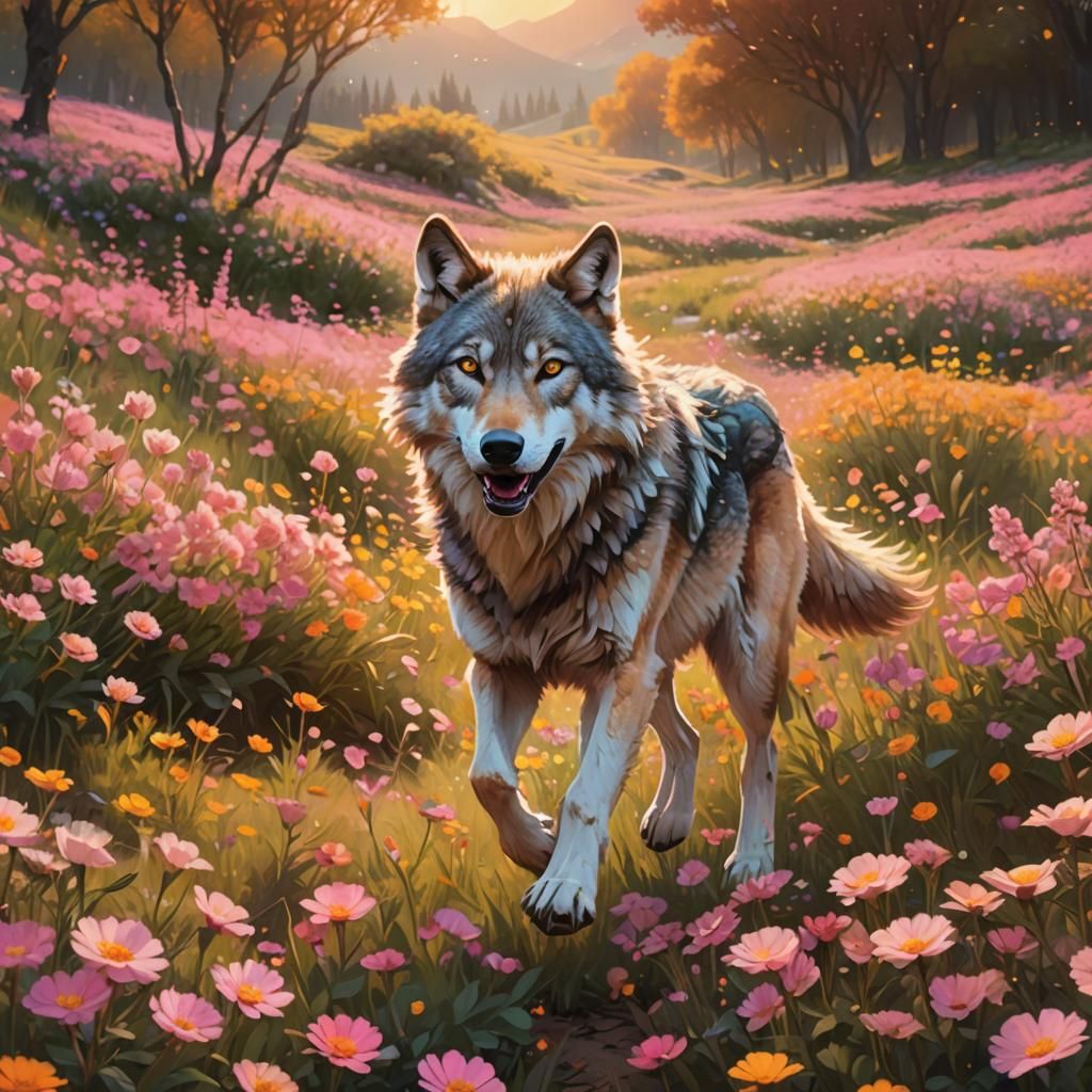 Wolf in Flower Field: Digital Matte Painting