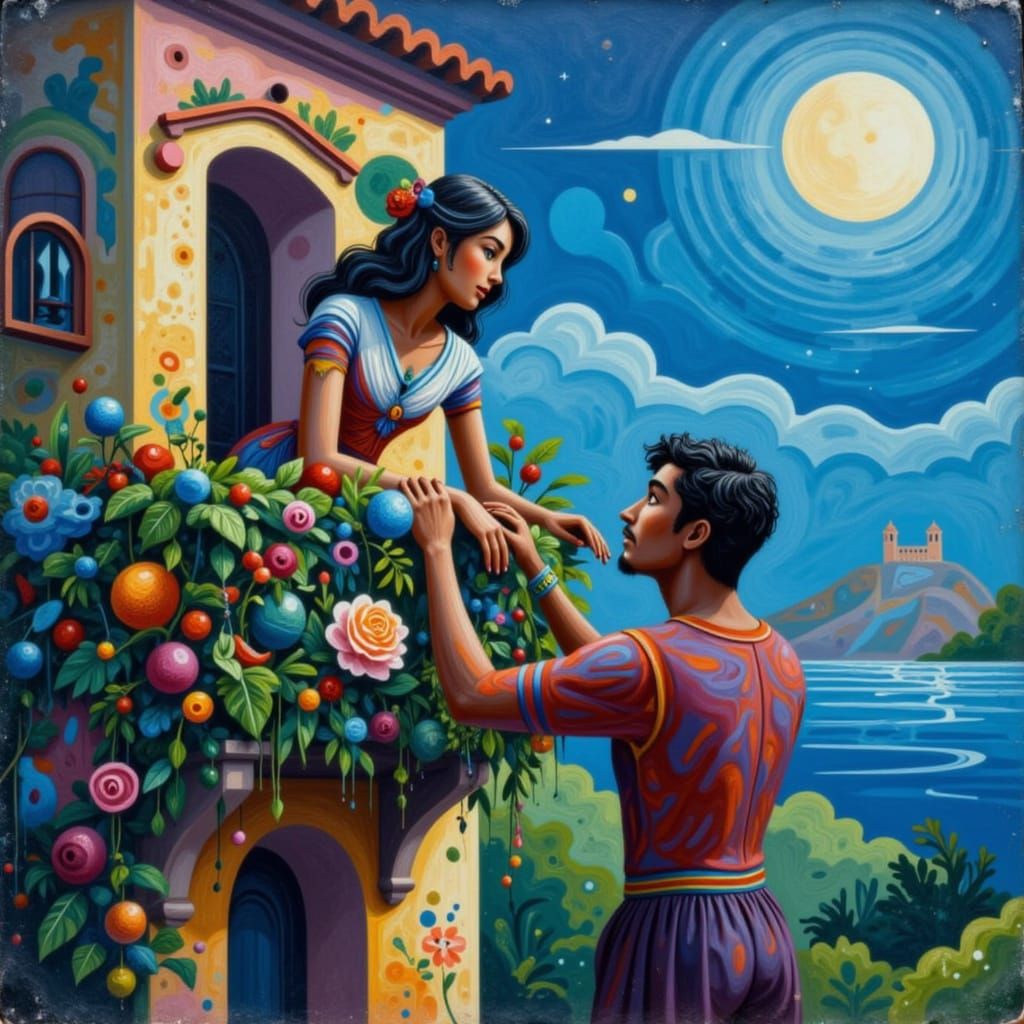 Romeo and Juliet on Balcony in Vibrant Illustration Style
