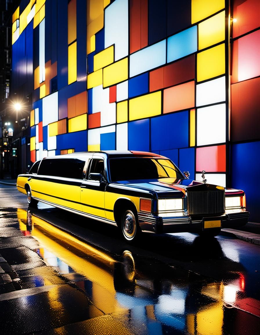 Neon Limousine at Night in Mondrian Style
