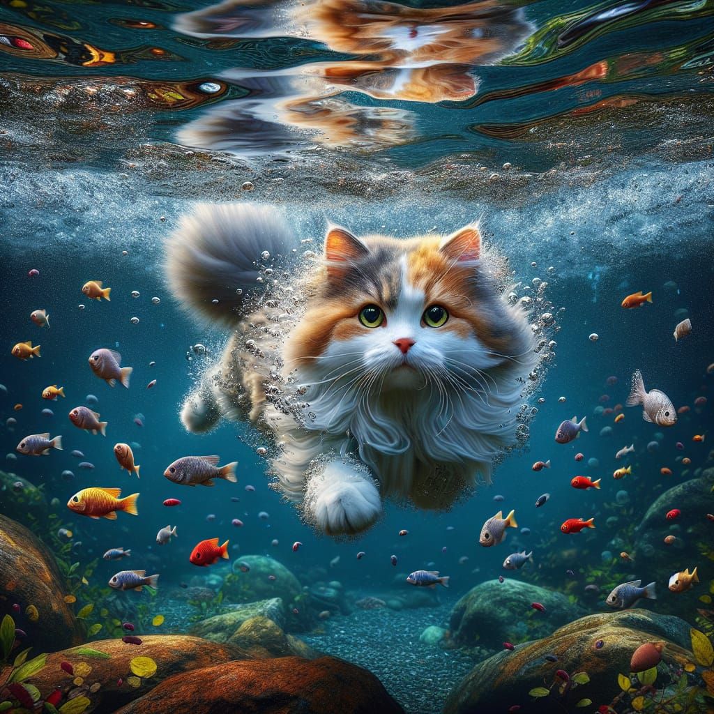 Feline Underwater Adventure in Vibrant Aquatic Scene