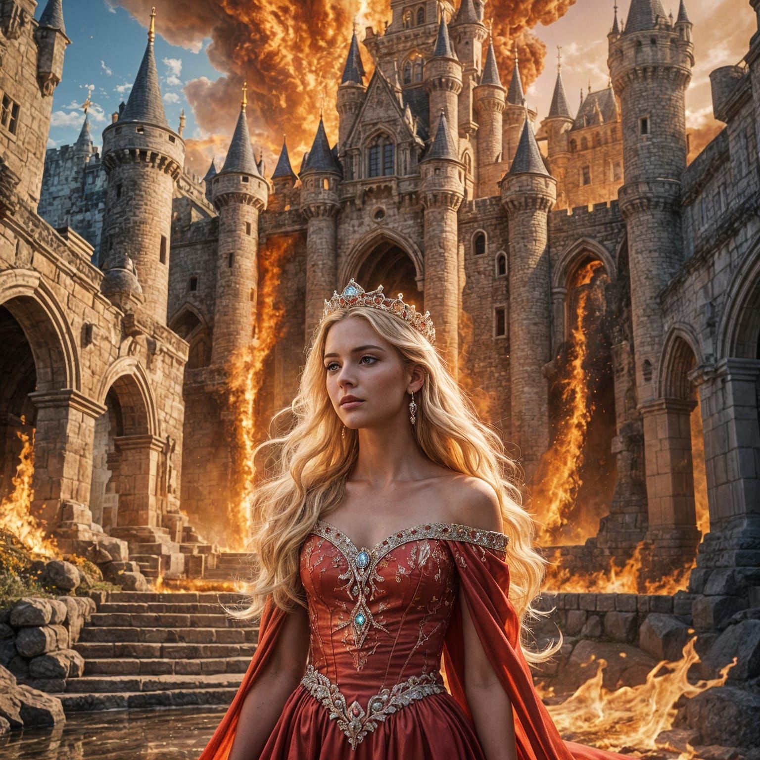 Stunning blonde in a fiery red dress. The dress is on fire. ...