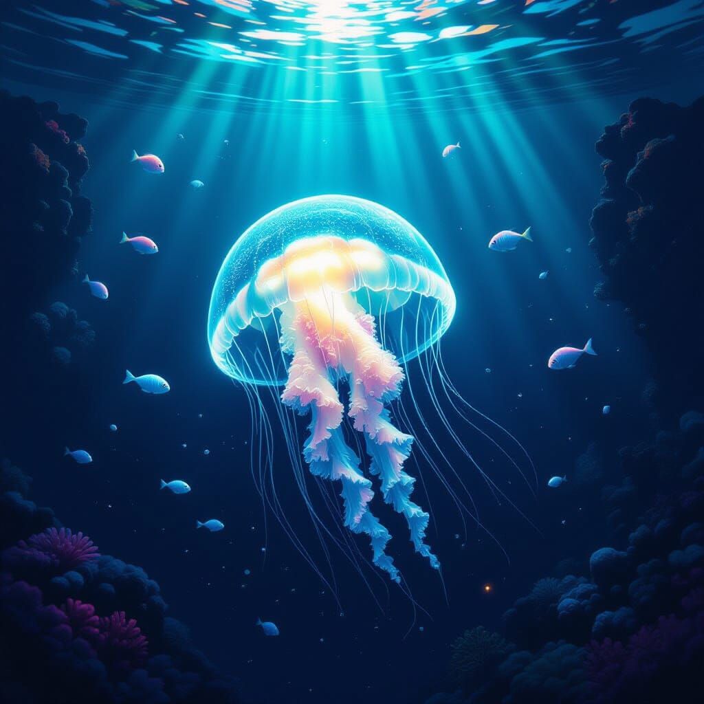 Bioluminescent Jellyfish in Deep Ocean Trench