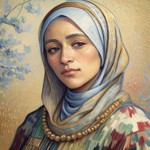 Impressionist Portrait of Woman in Hijab with Flowers
