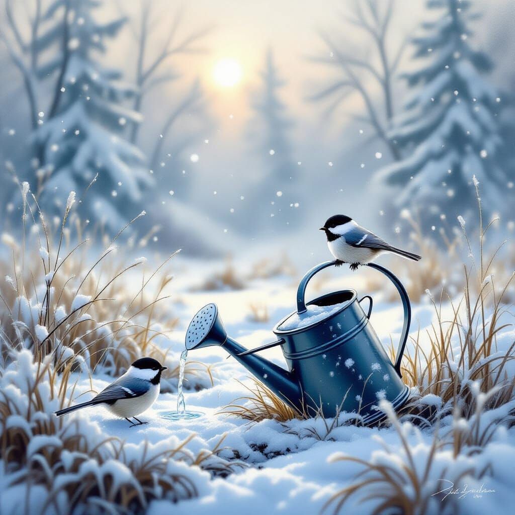Chickadees Drink From Frosty Watering Can as Impressionist P...