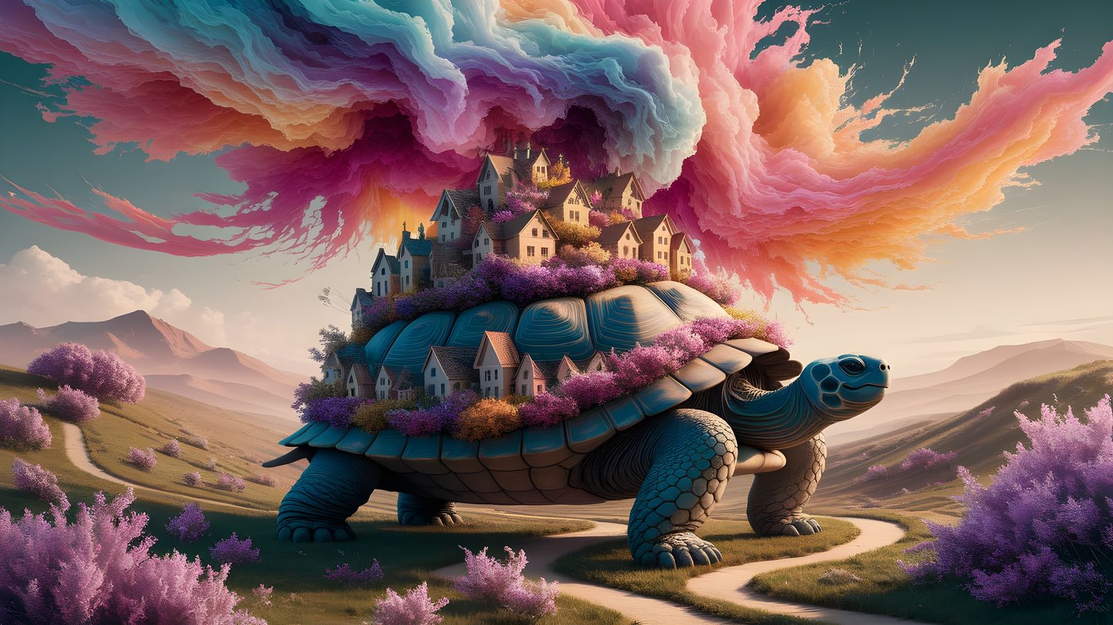 Whimsical Village on Giant Tortoise, Pastel Sky