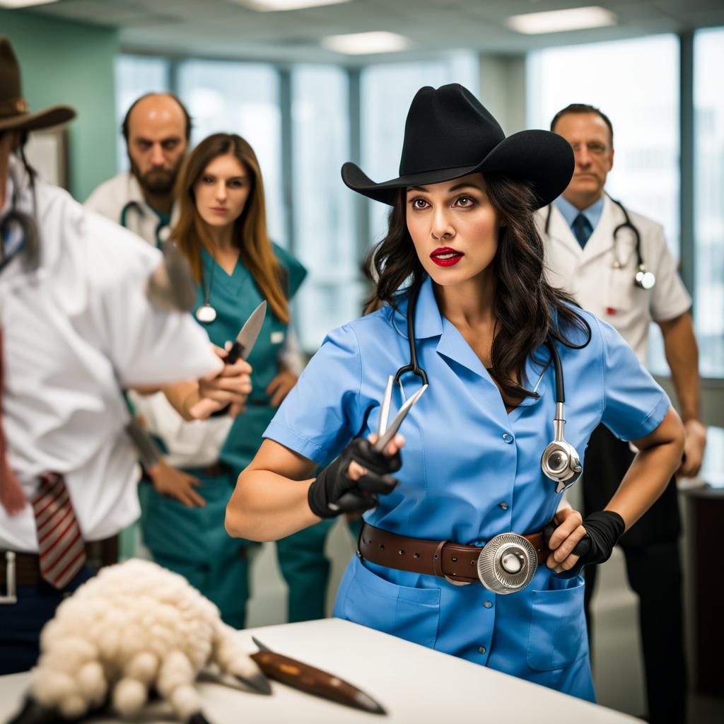 Latina Businesswoman Battles Zombie Sheep in Office