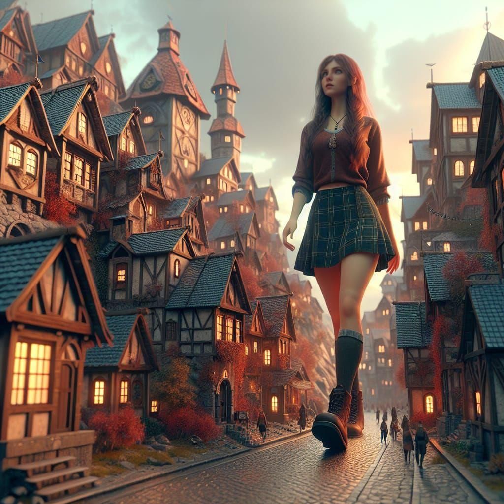 Giant Woman in Fantasy Town, Matte Painting Style