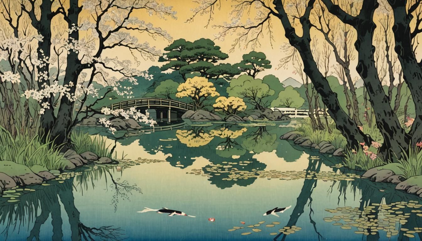 Japanese Garden in Ukiyo-e Style with Pond