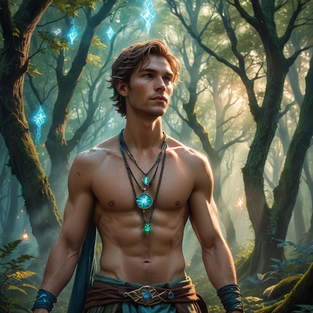 Mystical Mage in Forest, Fantasy Illustration