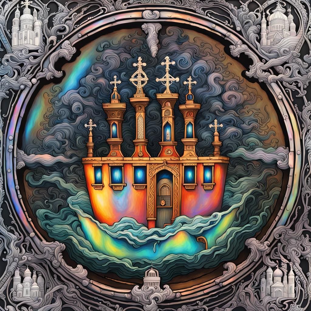 Intricate Orthodox Church Battleship Pie Holographic Drawing