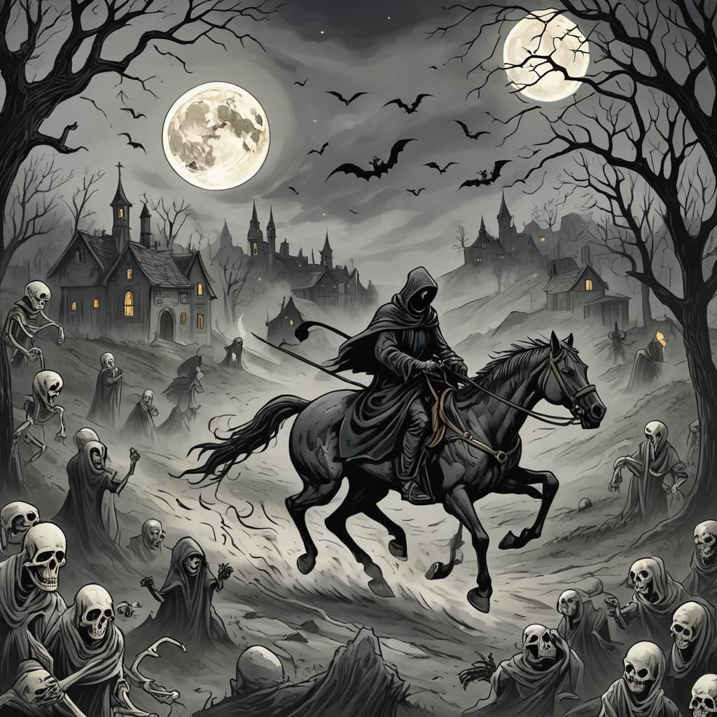 Grim Reaper Rides Through Dark Graveyard in Gothic Art