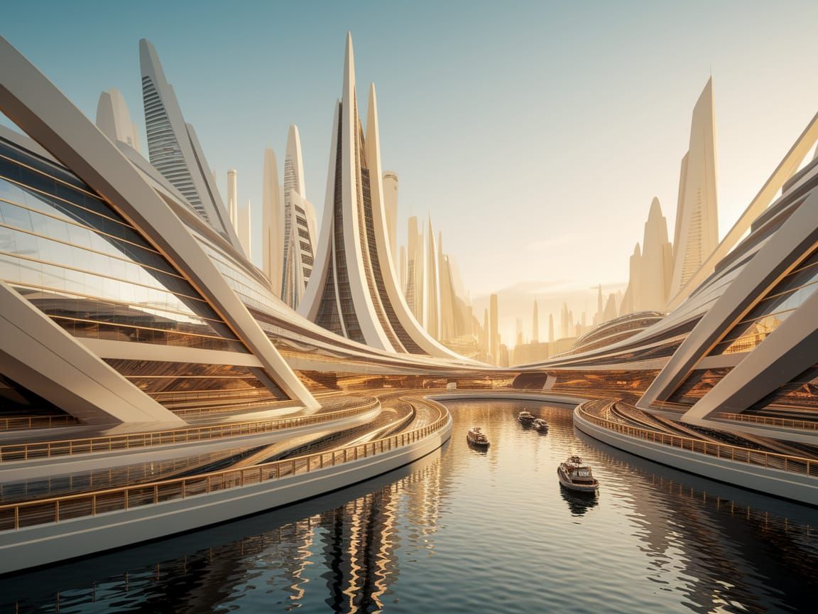 Sleek Futuristic Metropolis Under Golden Sunlight