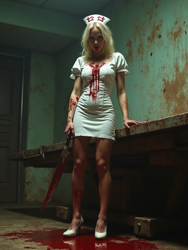 Disturbed Nurse in Gritty Horror Aesthetic