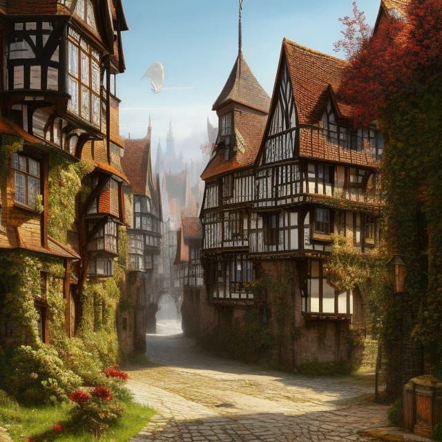 Vivid Medieval Town: Hyperrealistic Digital Painting