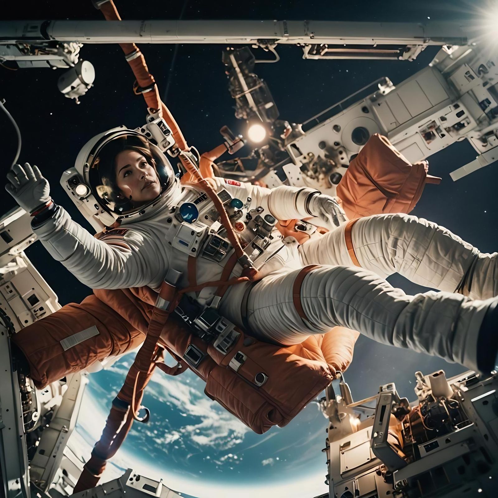 001 A beautiful female astronaut wearing a white spacesuit d...