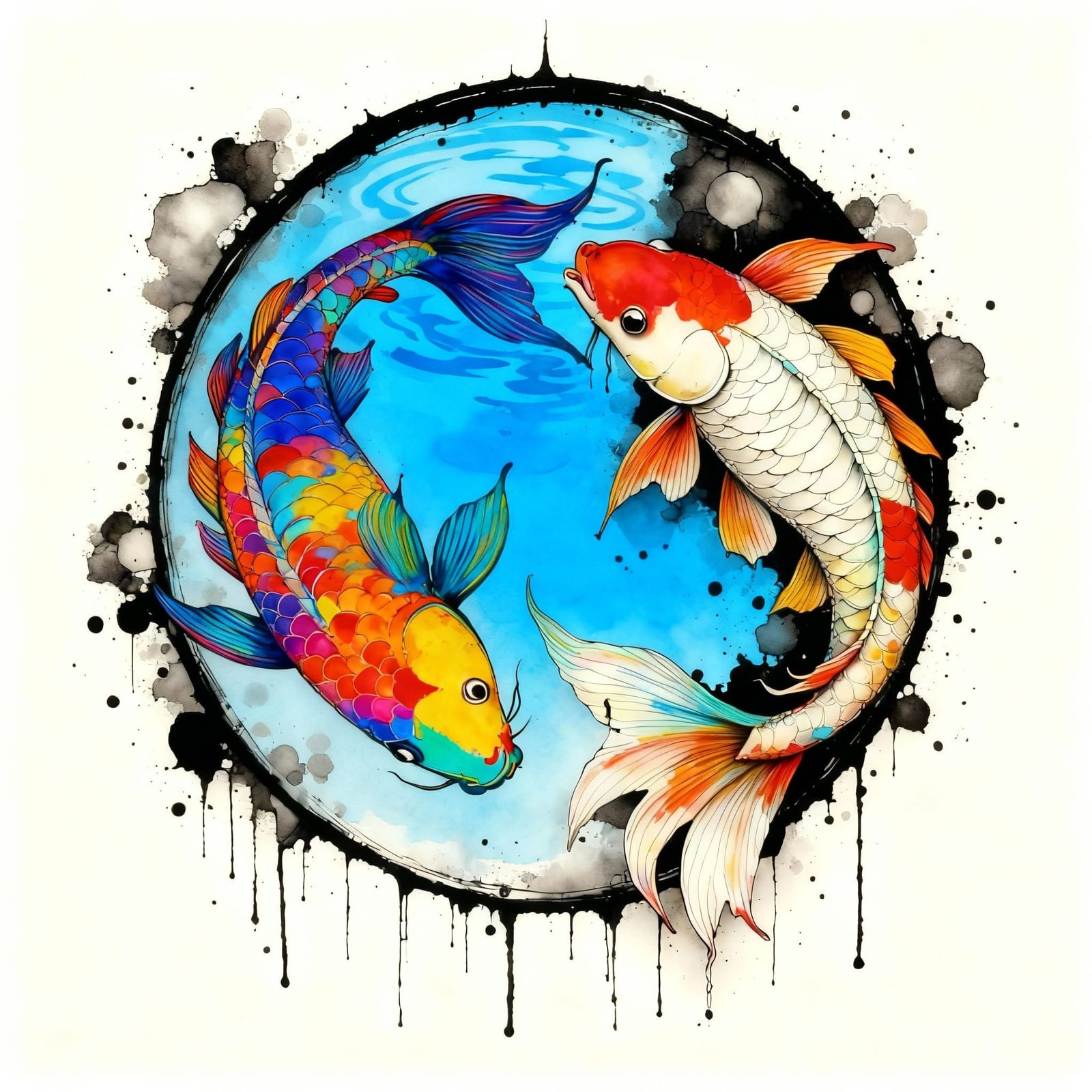 Two Koi Fish Form Pisces Symbol in Bold Ink Style