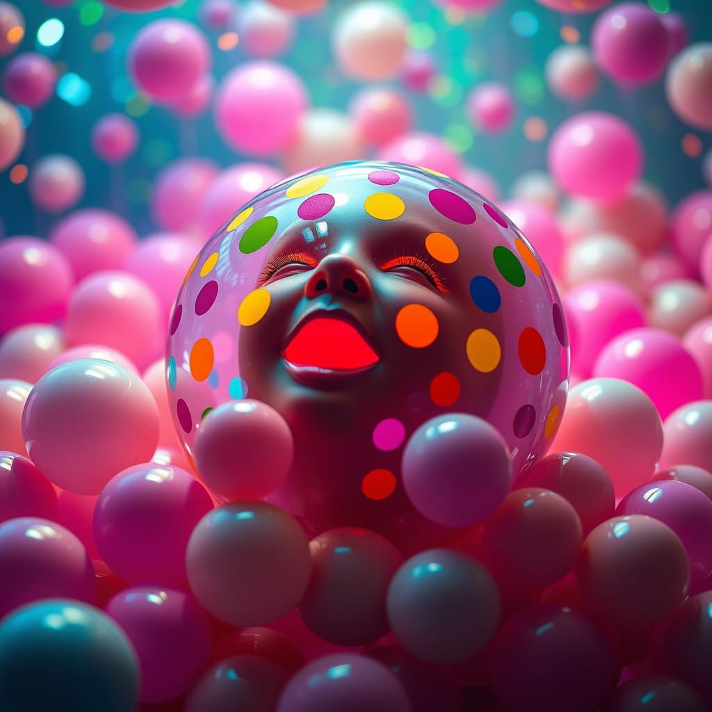 Boy with Balloons in Kusama-Miyazaki-Dali Style