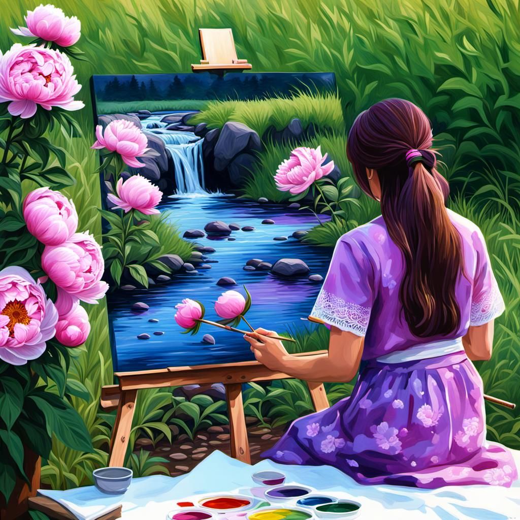 Harmony in Bloom: Female Artist Painting Peonies in a Field