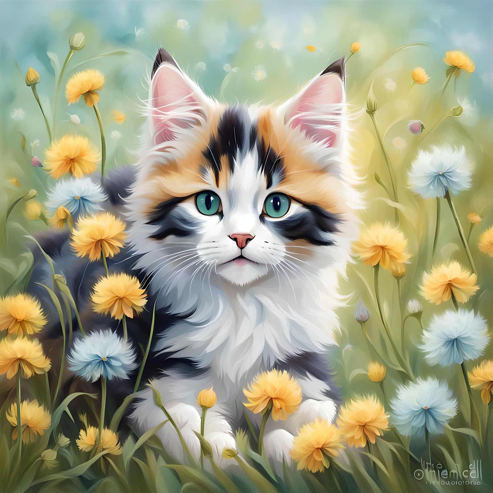 Calico Kitten Playing in Dandelions, Quilling Art