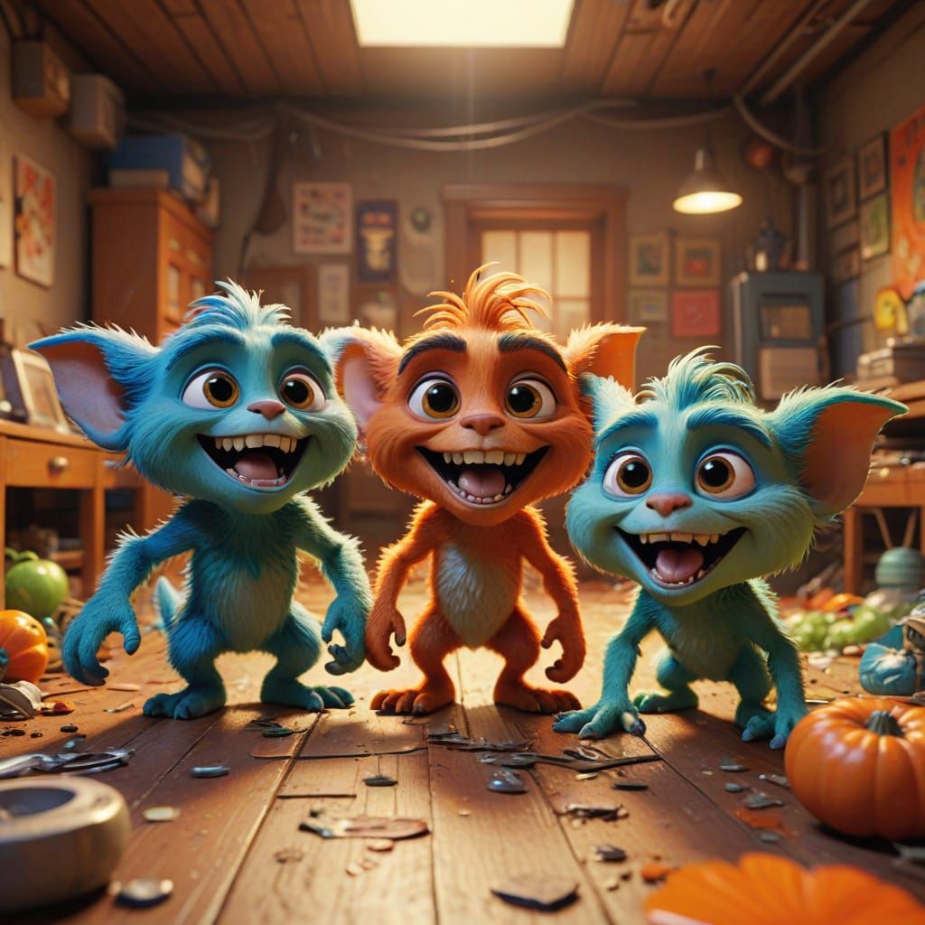 Comedic Gremlins in a Playful, Whimsical 3D Environment