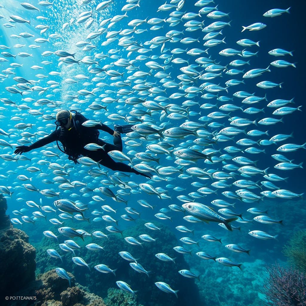 Diver Surrounded by a Synchronised School of Fish in the Dee...