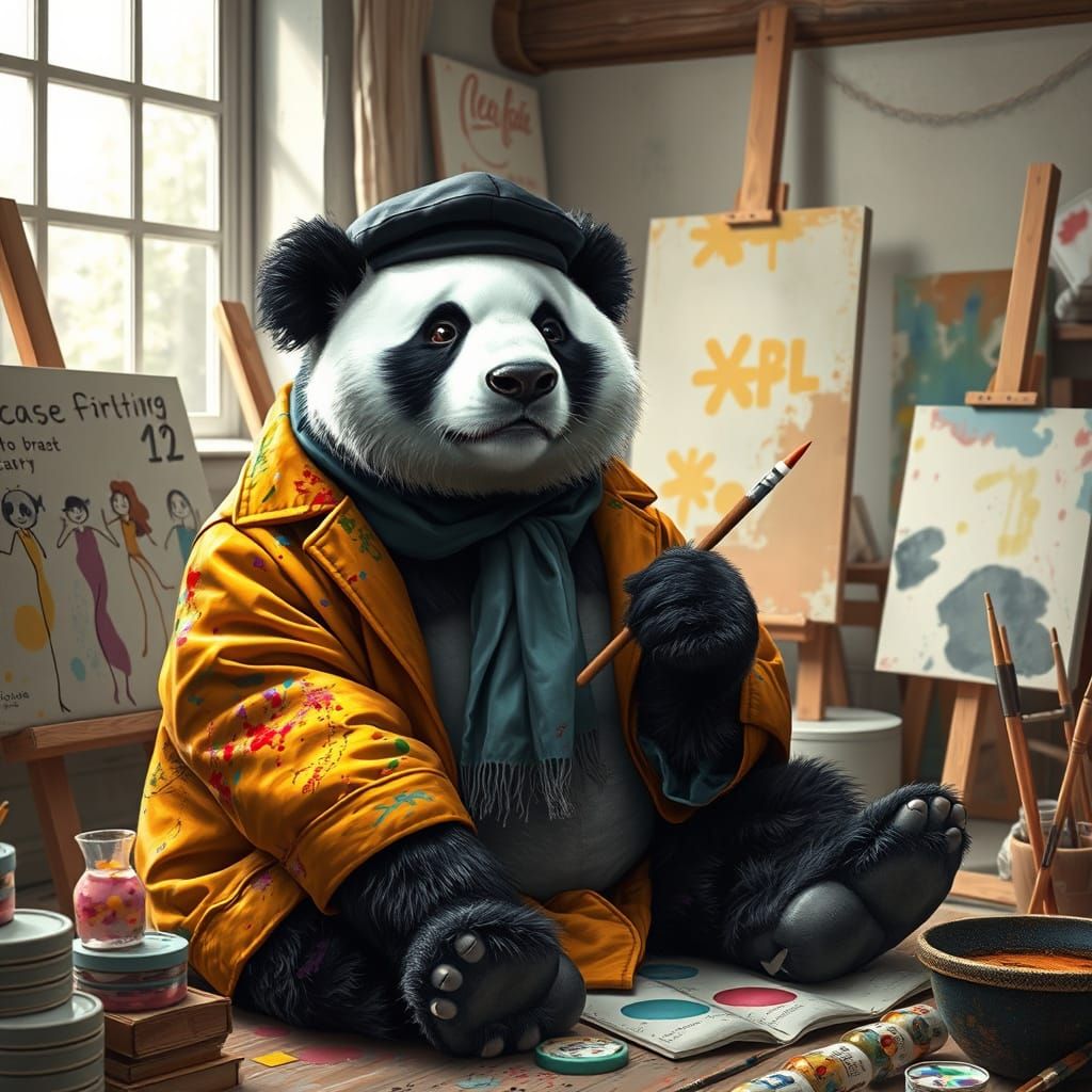 Panda Portrait in Paint-Splattered Coat, Hyper-Realistic Sty...