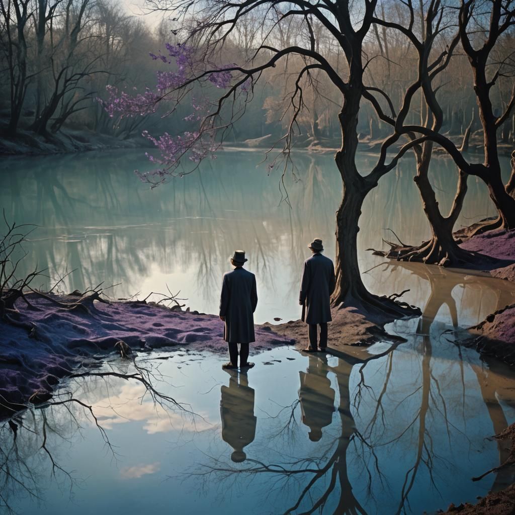 Surreal Riverbank Figure in Dreamlike Ambiance