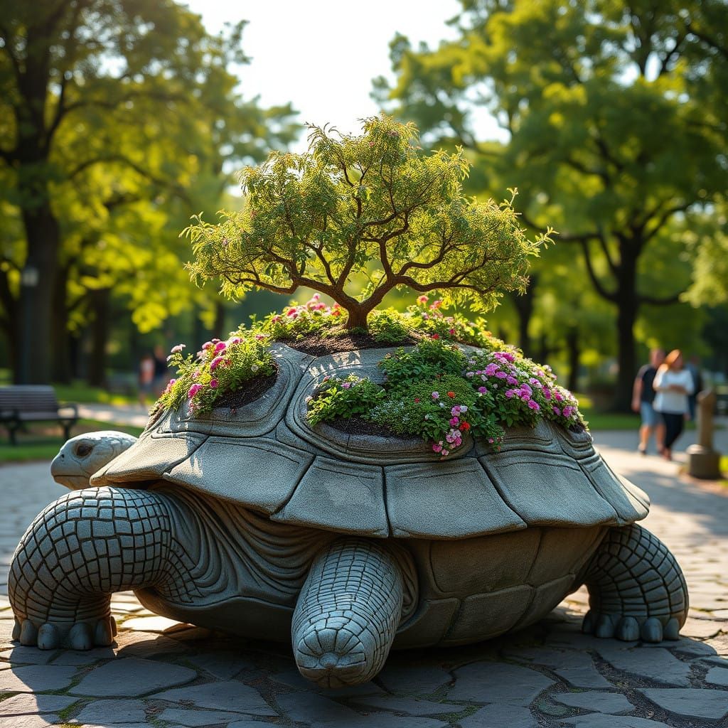 Garden Oasis on a Majestic Stone Turtle