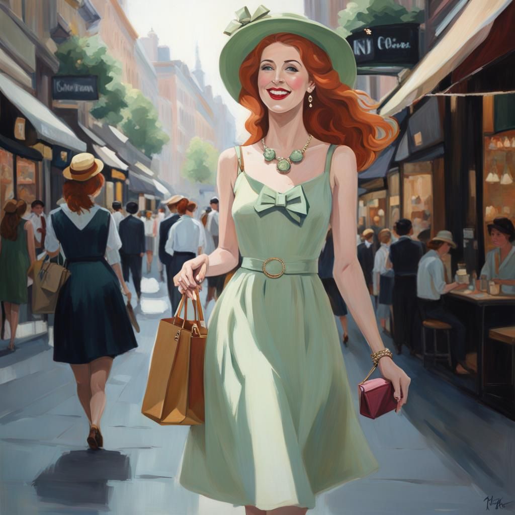 Young pretty redhead woman wearing a soft pastel green dress...